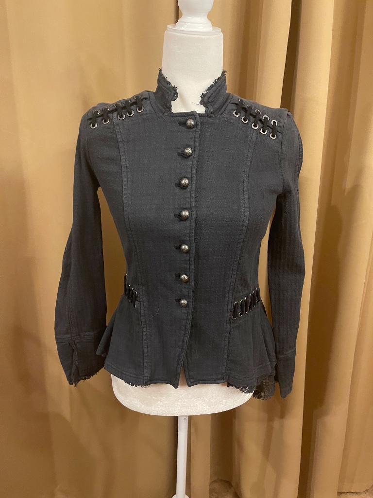Free People Blue Grey Victorian, Military Lace Ruffle Jacket, Blazer Size Xs